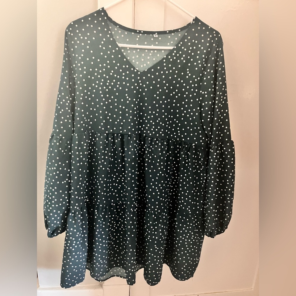 Forest green Baby doll style dress- with white Polka Dots